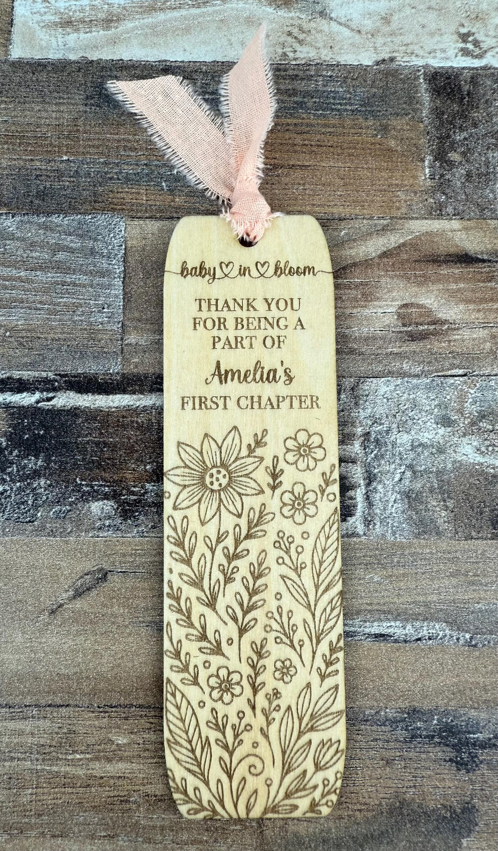 Personalized Baby in Bloom Wooden Bookmark – Baby Shower Favor