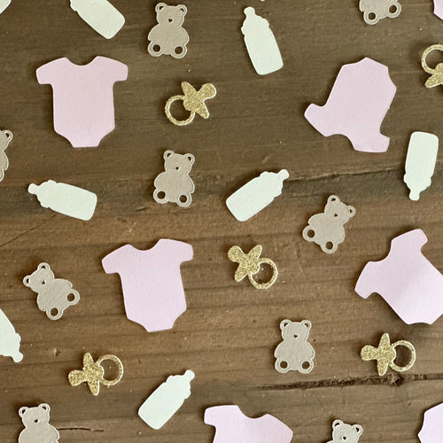 Bear Baby Shower Confetti: Pink Onesies, Gold Pacifiers - 120 Piece