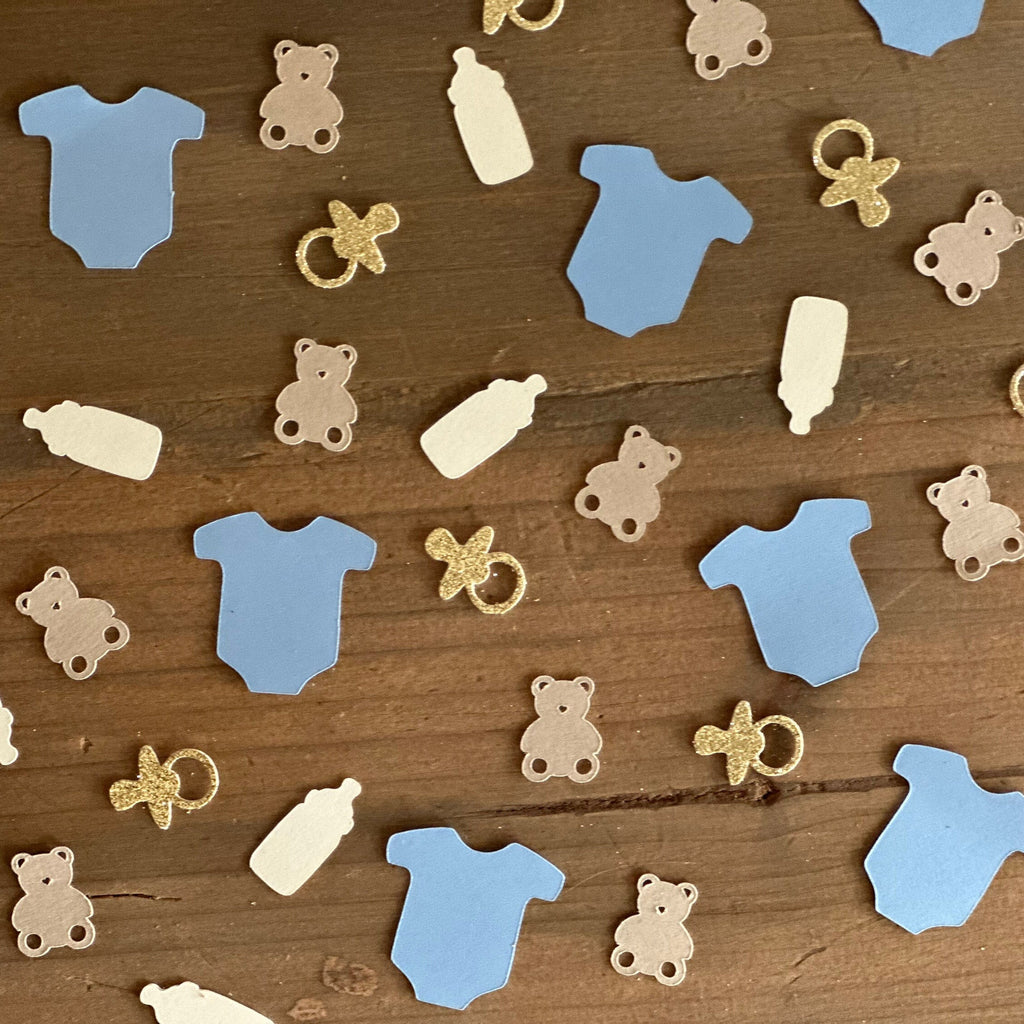 Bear Baby Shower Confetti: Blue Onesies, Gold Pacifiers - 120 Piece