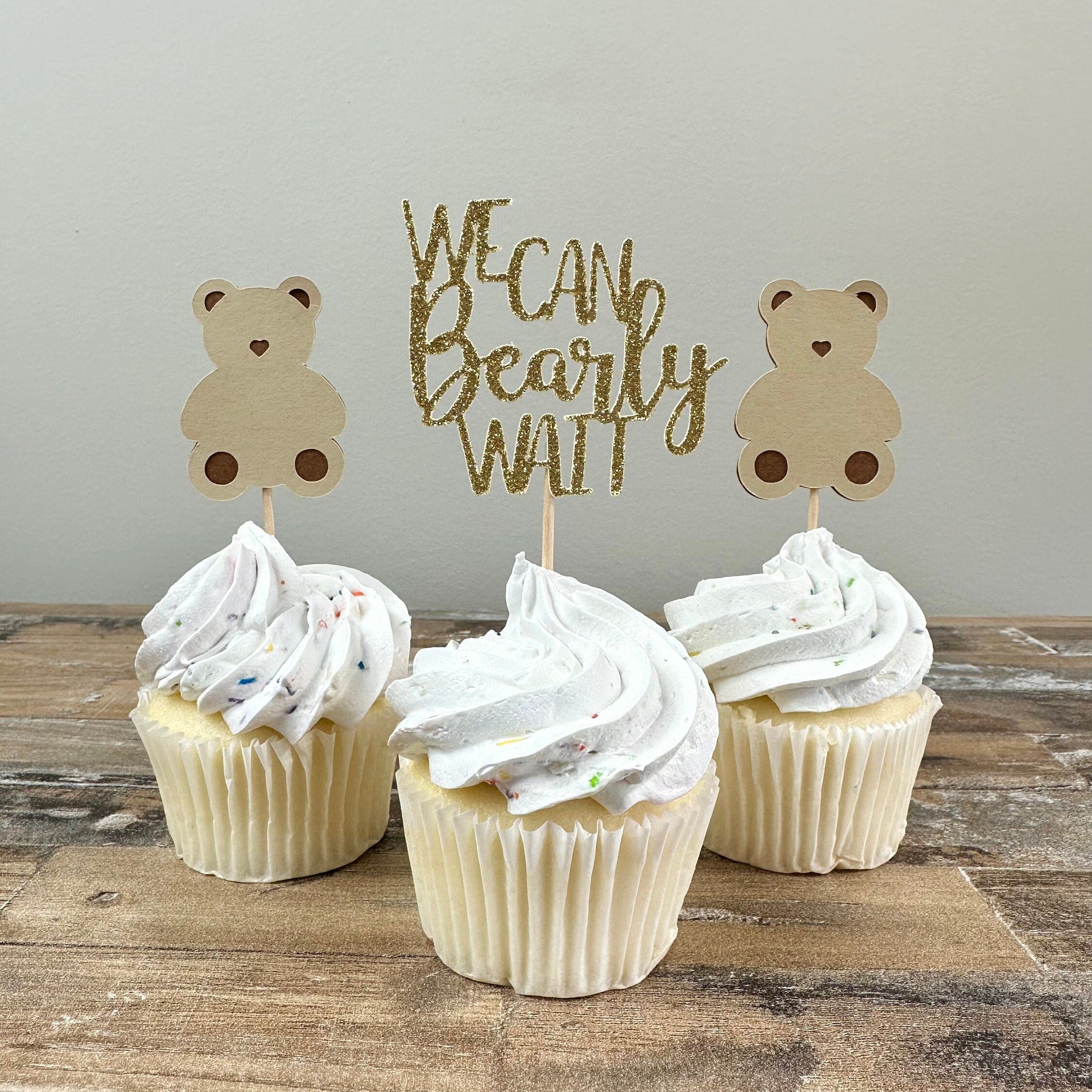 We Can Bearly Wait Cupcake Toppers - 12 pack / Bear Baby Shower Toppers - Brown