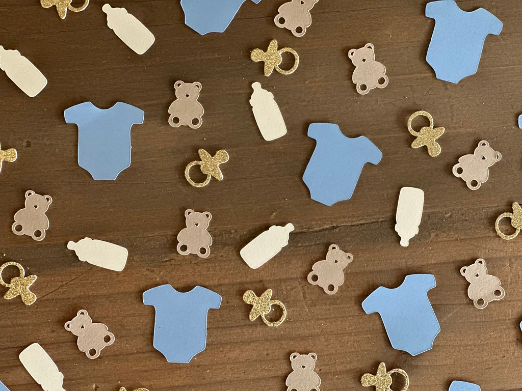 Bear Baby Shower Confetti: Blue Onesies, Gold Pacifiers - 120 Piece