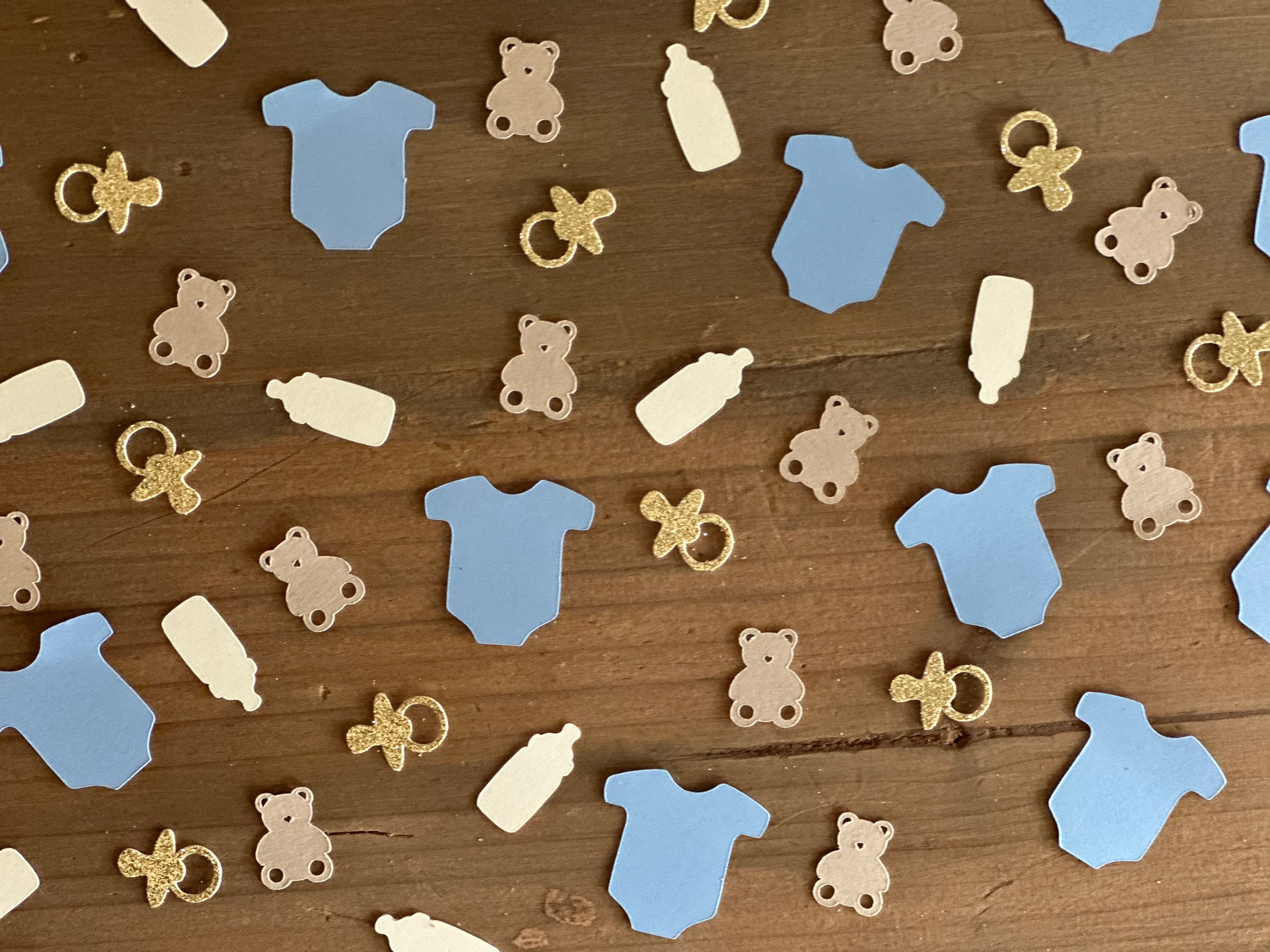 Bear Baby Shower Confetti: Blue Onesies, Gold Pacifiers - 120 Piece