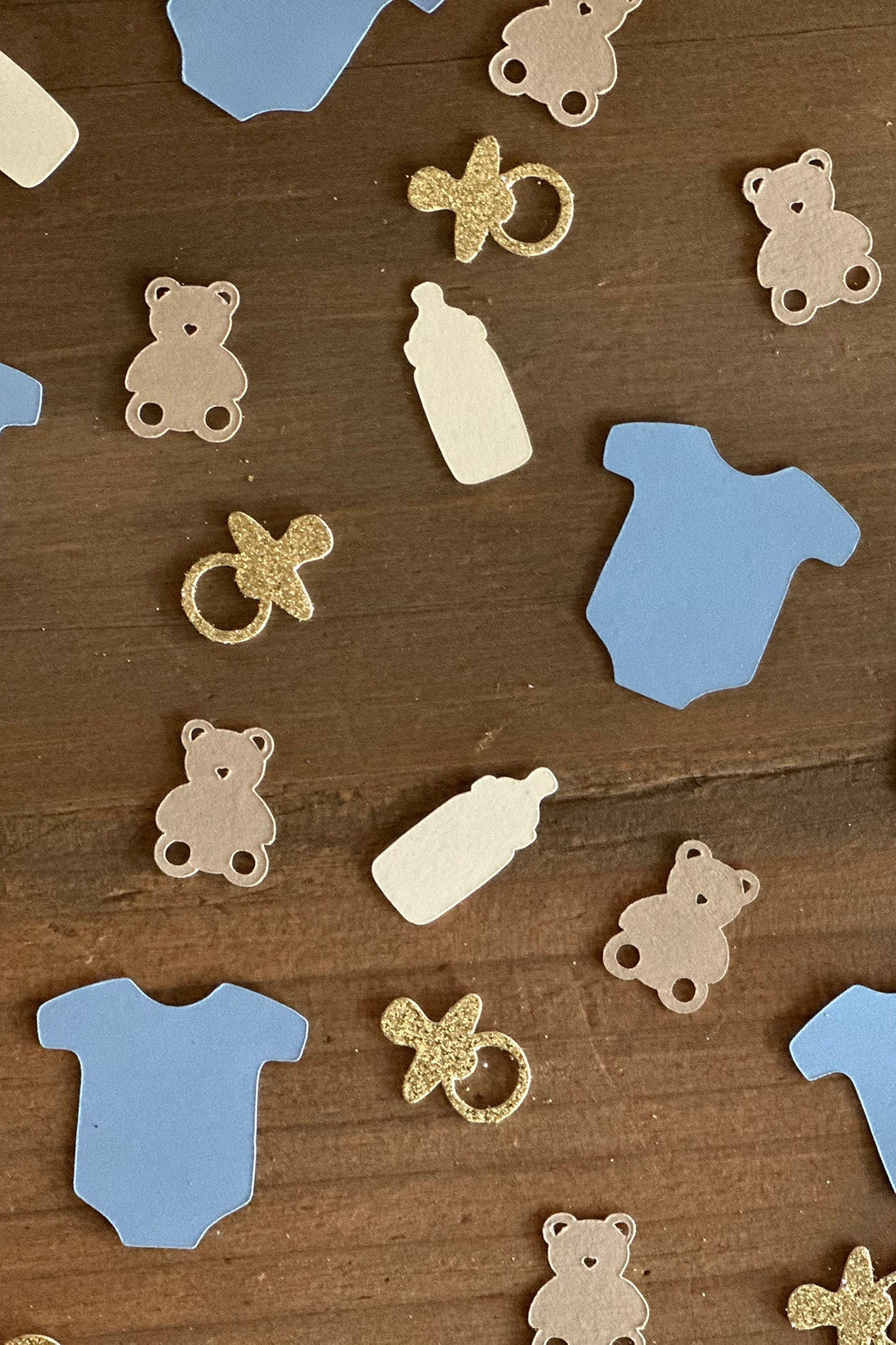 Bear Baby Shower Confetti: Blue Onesies, Gold Pacifiers - 120 Piece
