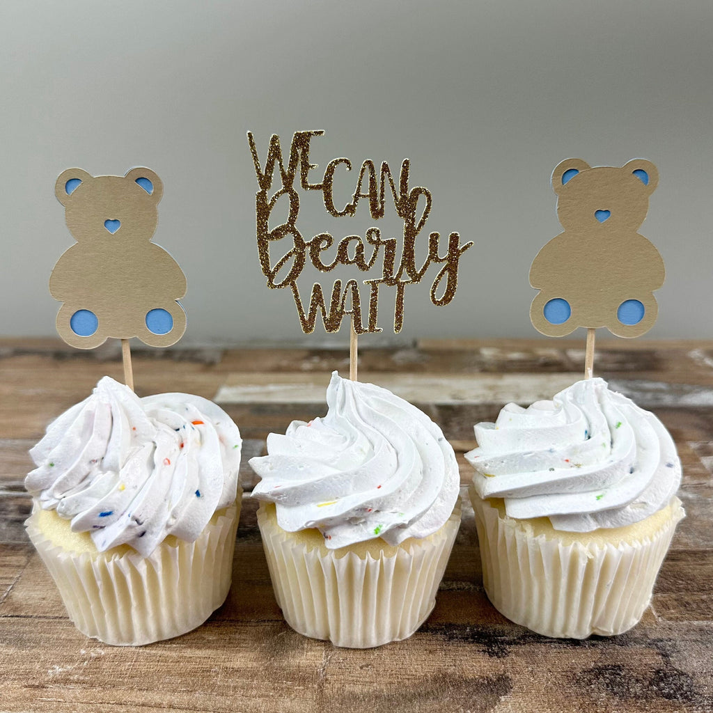 We Can Bearly Wait Cupcake Toppers - 12 pack / Bear Baby Shower Toppers - Blue