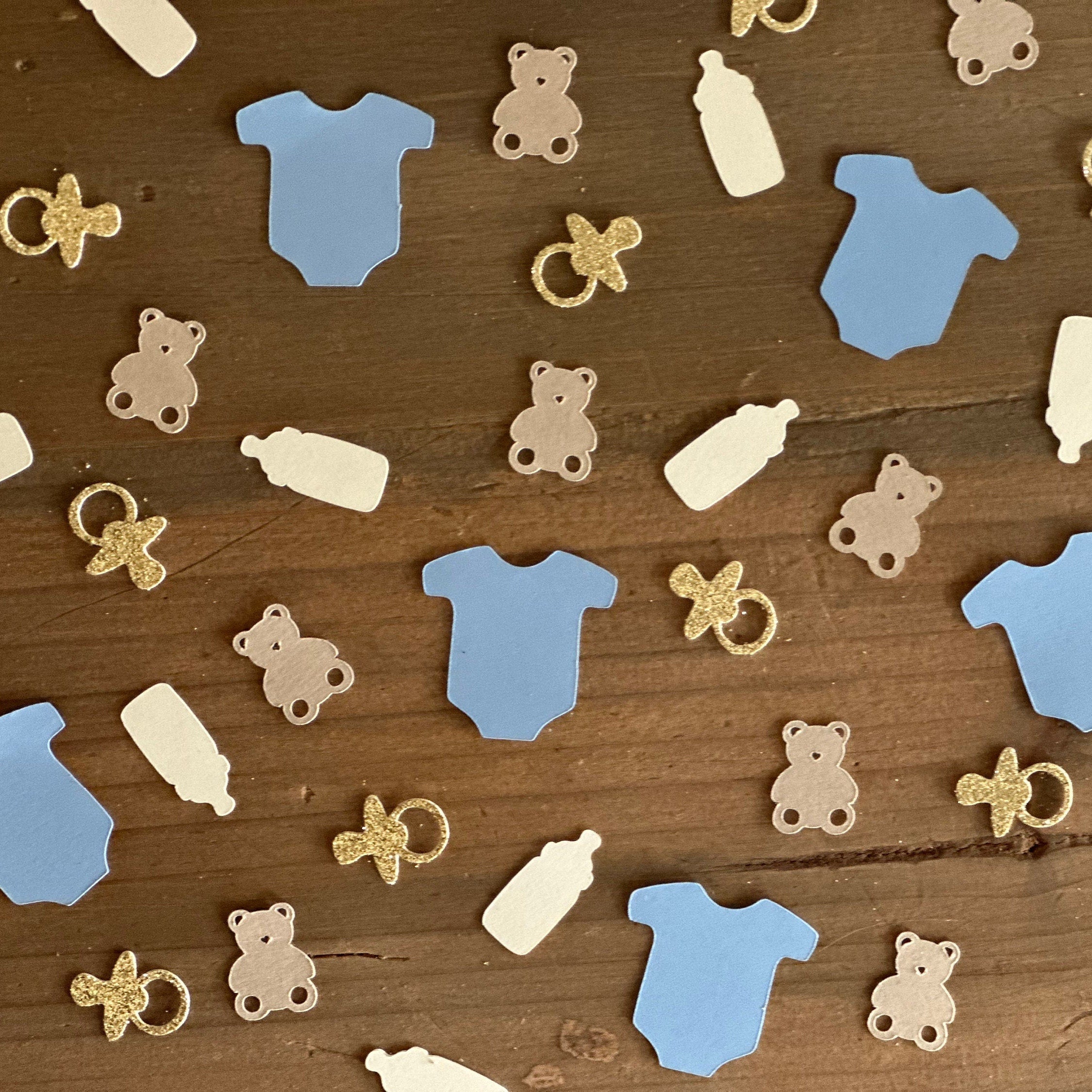 Bear Baby Shower Confetti: Blue Onesies, Gold Pacifiers - 120 Piece
