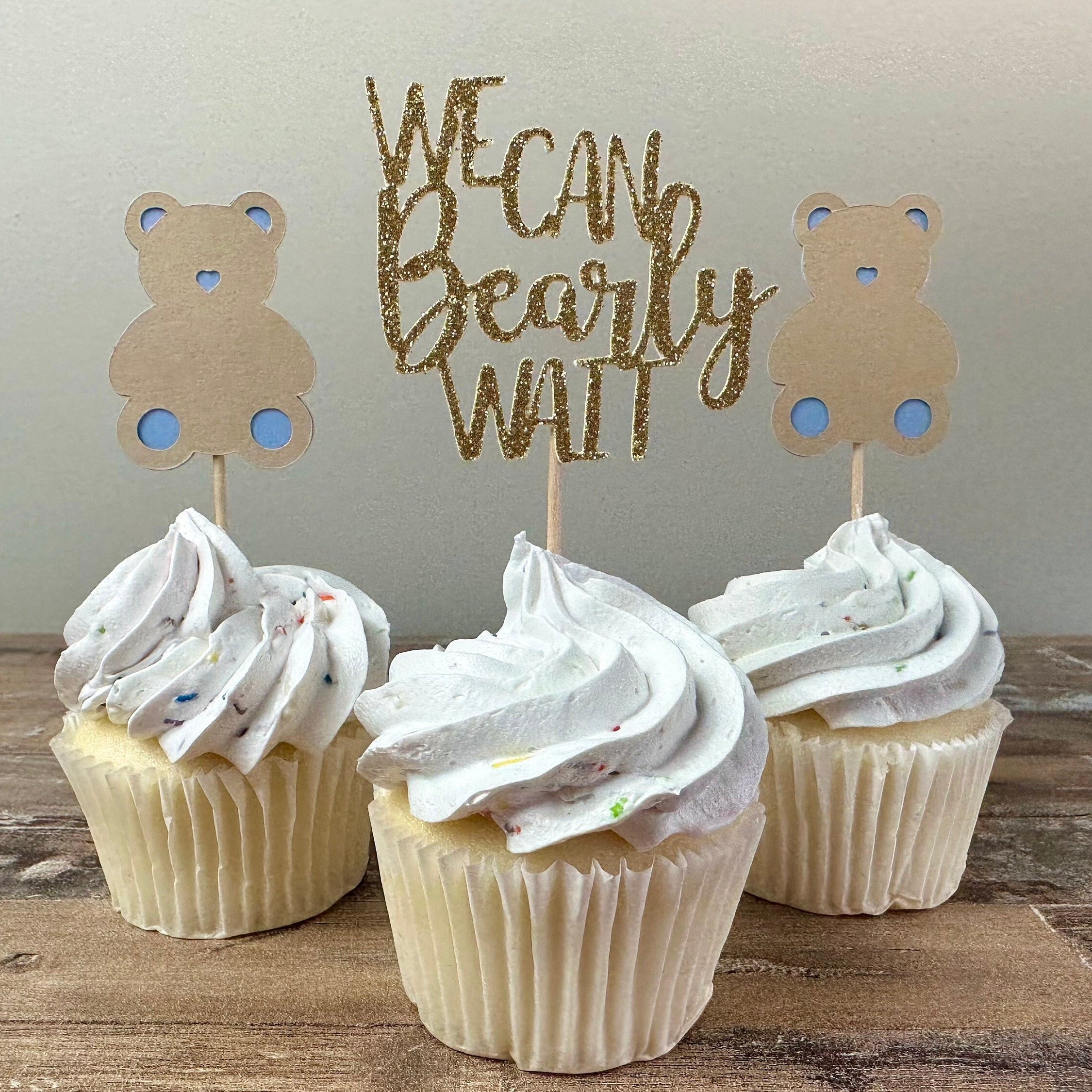 We Can Bearly Wait Cupcake Toppers - 12 pack / Bear Baby Shower Toppers - Blue