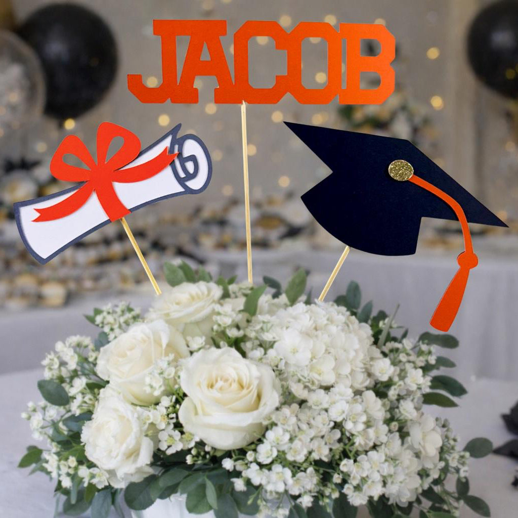 Personalized Graduation Centerpiece Sticks: Varsity Font Party Decor