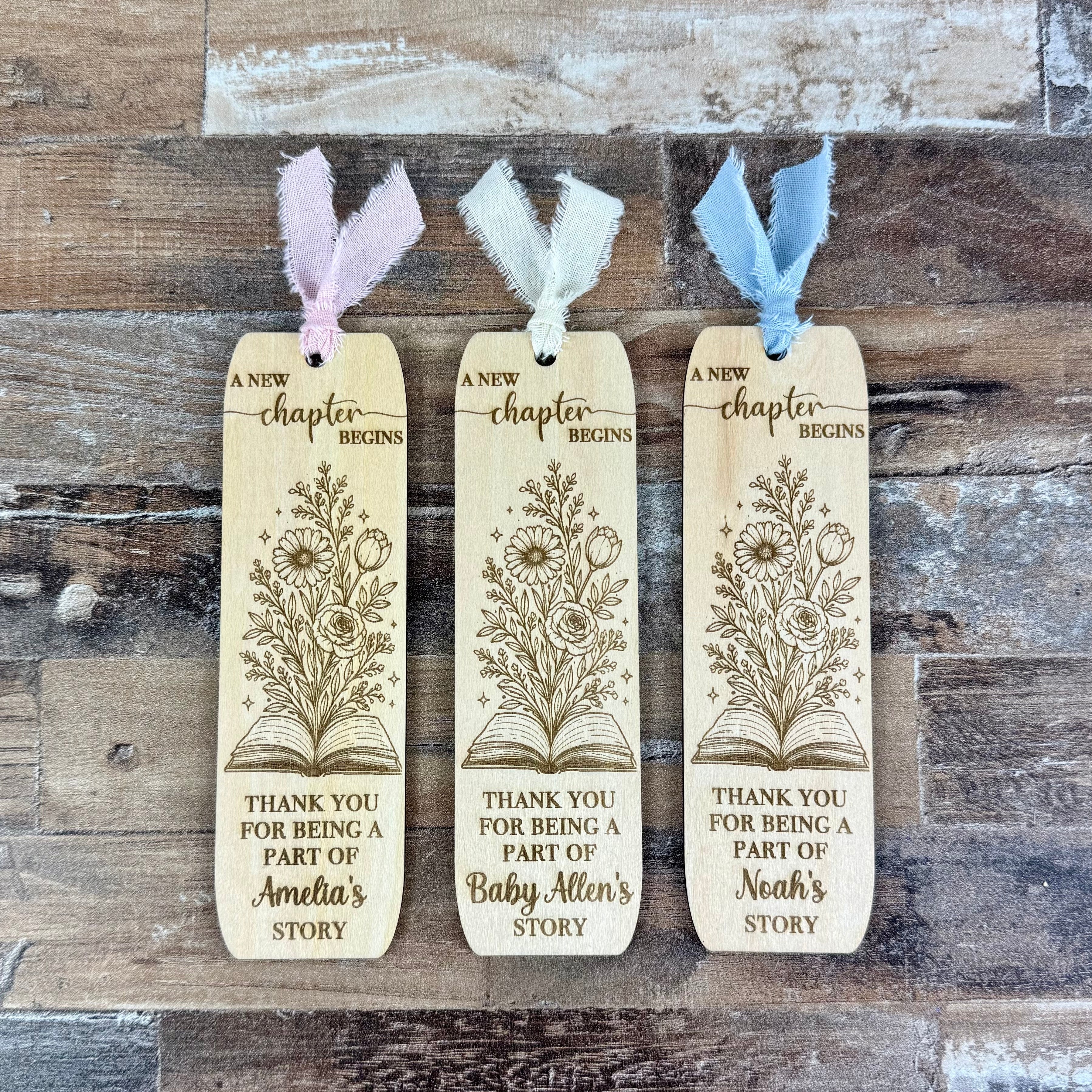 Personalized Baby Shower Bookmark Favor | Engraved Wooden A New Chapter Begins Design