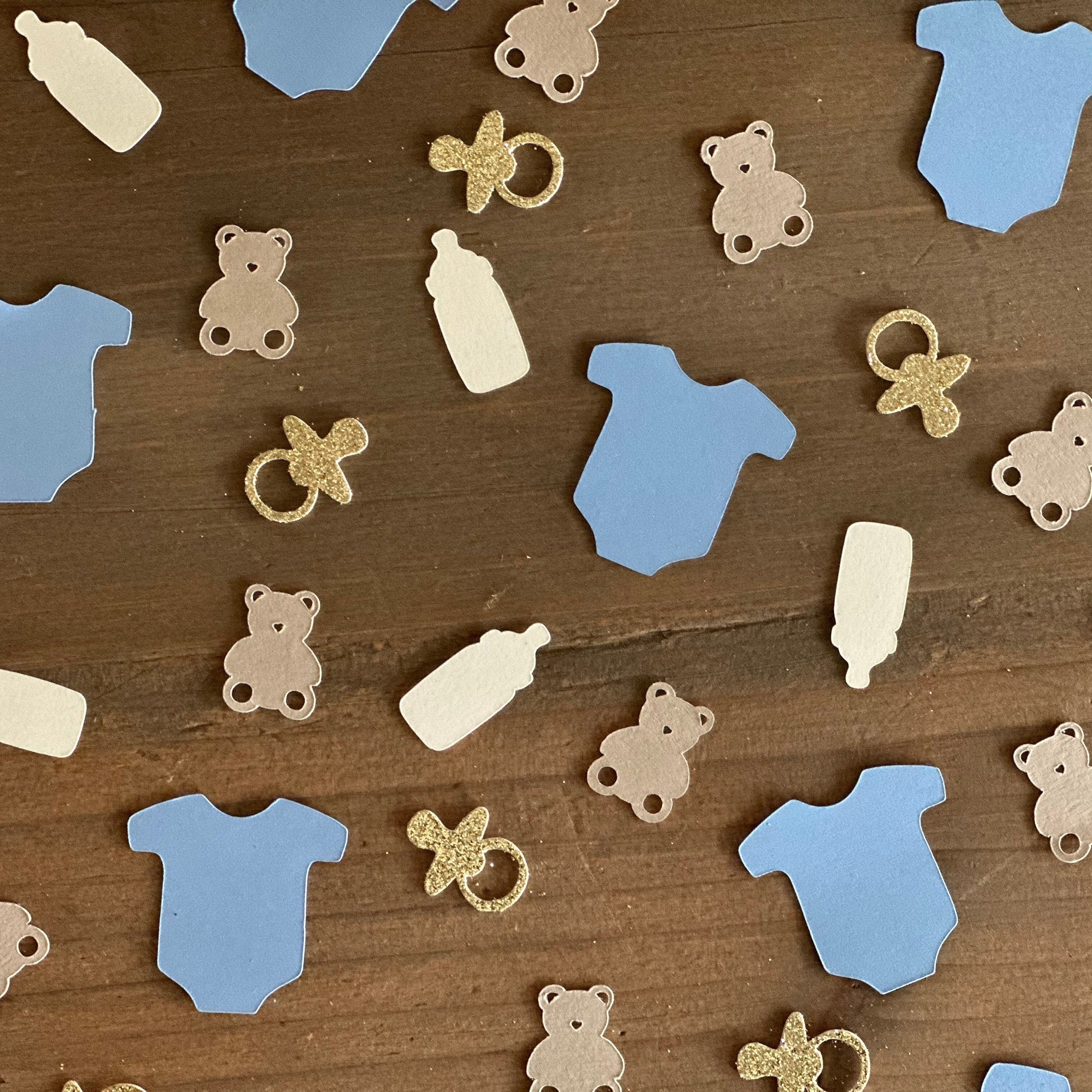 Bear Baby Shower Confetti: Blue Onesies, Gold Pacifiers - 120 Piece