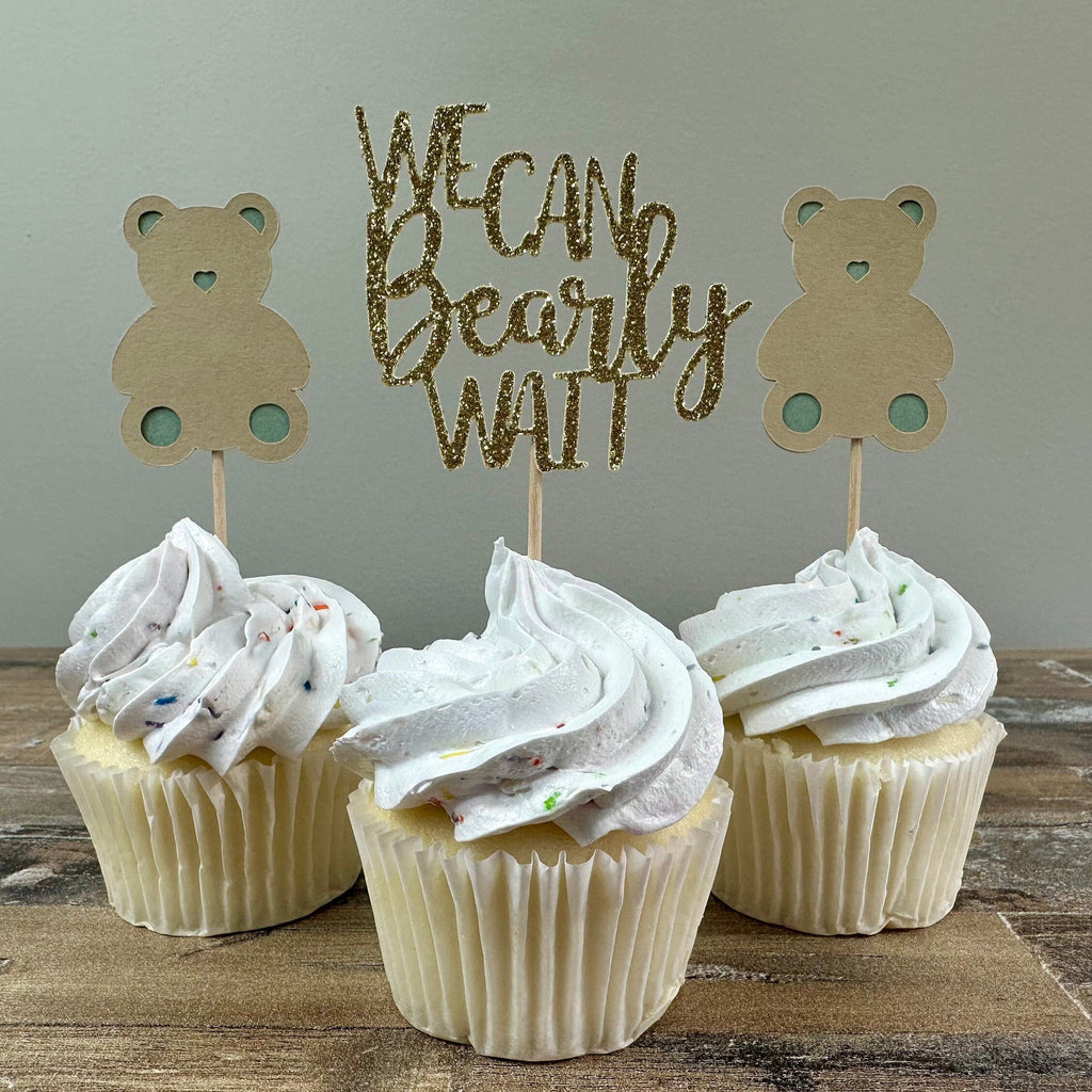 We Can Bearly Wait Cupcake Toppers - 12 pack / Bear Baby Shower Toppers - Sage
