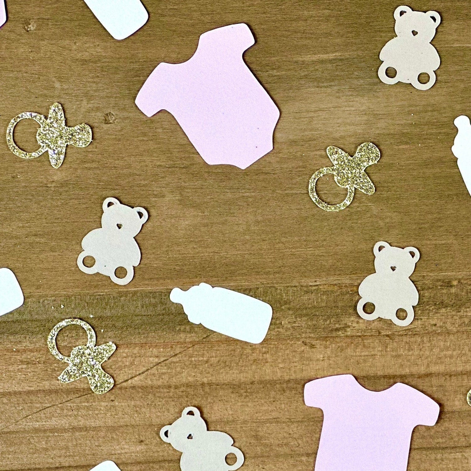 Bear Baby Shower Confetti: Pink Onesies, Gold Pacifiers - 120 Piece