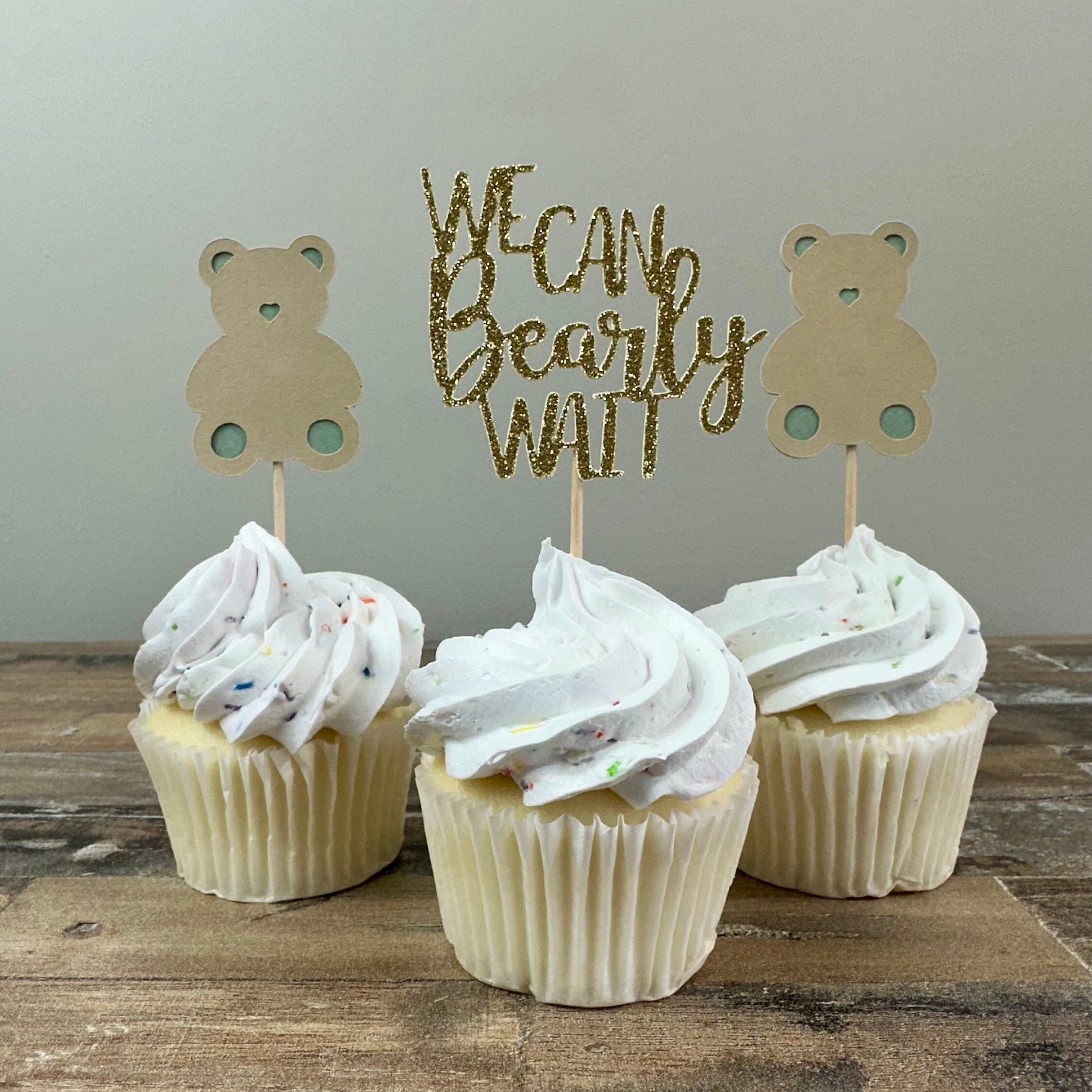 We Can Bearly Wait Cupcake Toppers - 12 pack / Bear Baby Shower Toppers - Sage