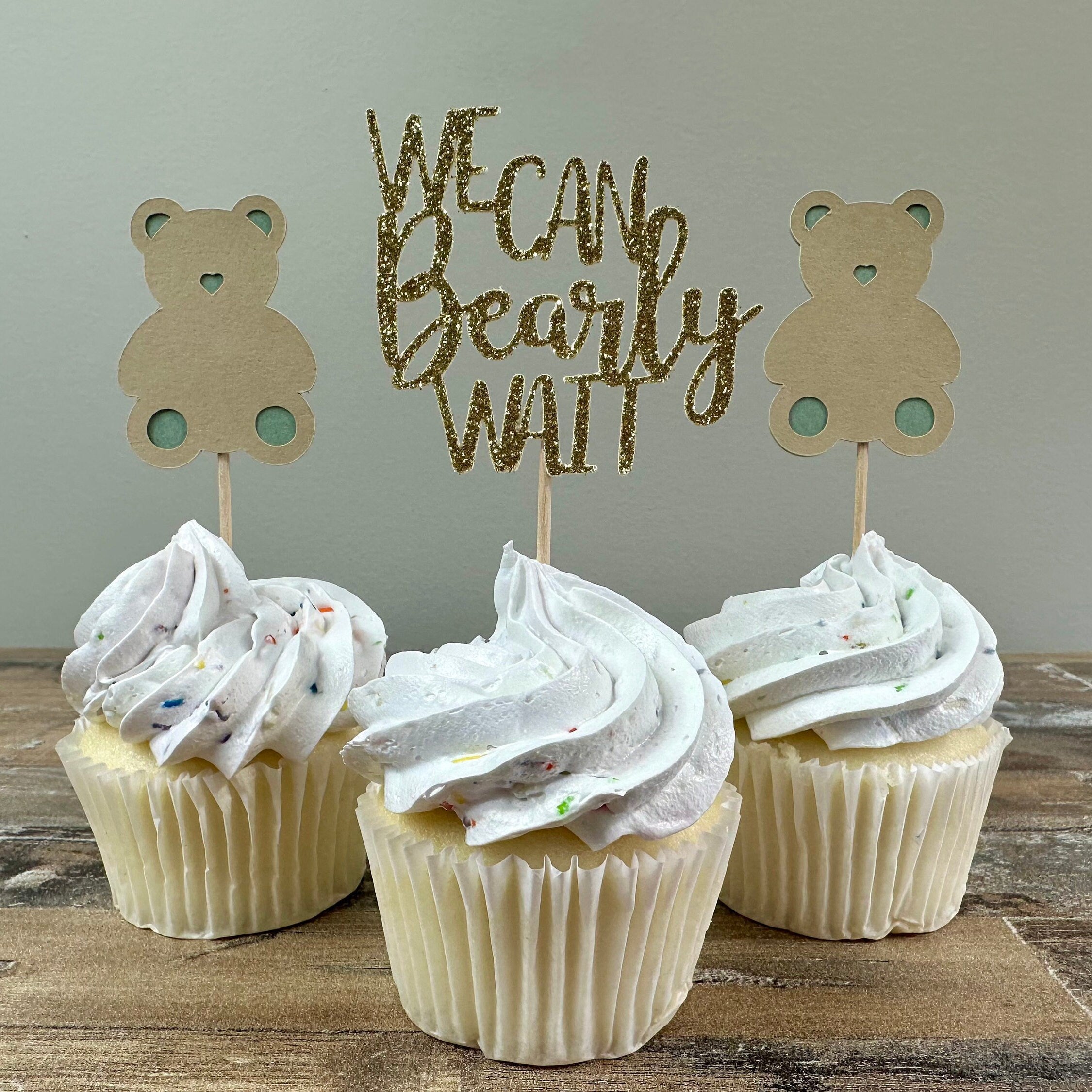 We Can Bearly Wait Cupcake Toppers - 12 pack / Bear Baby Shower Toppers - Sage