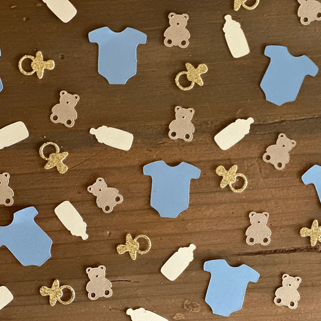 Bear Baby Shower Confetti: Blue Onesies, Gold Pacifiers - 120 Piece