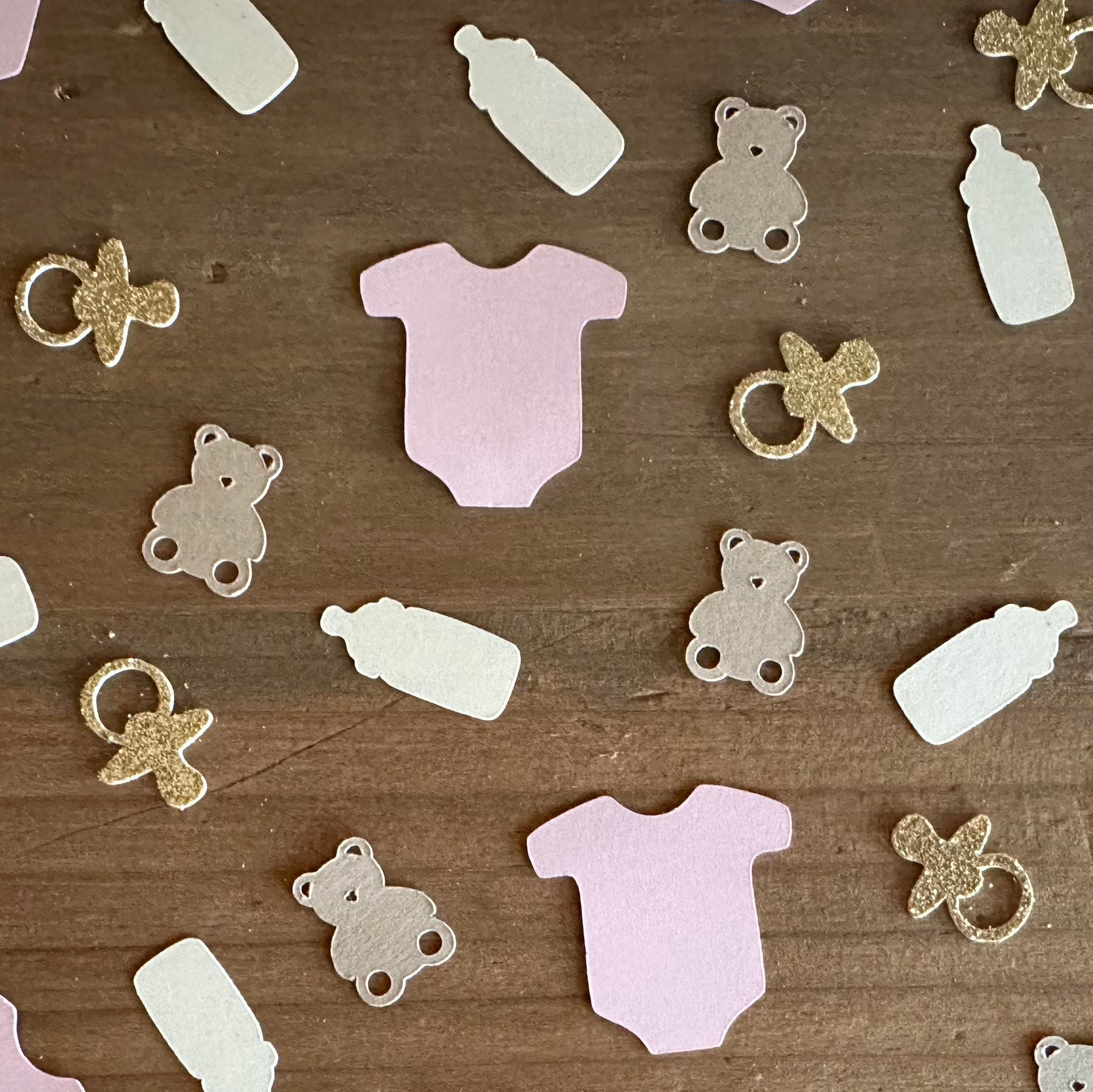 Bear Baby Shower Confetti: Pink Onesies, Gold Pacifiers - 120 Piece