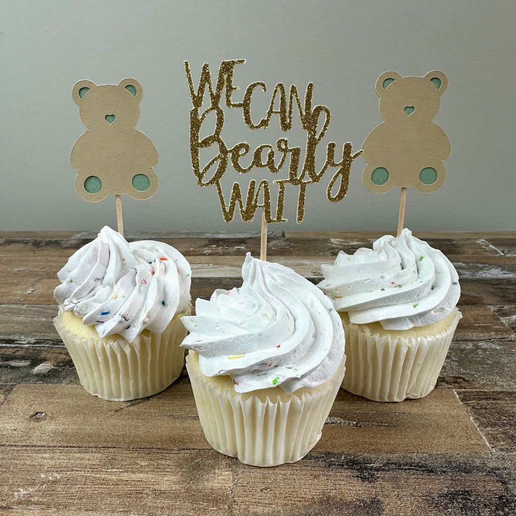 We Can Bearly Wait Cupcake Toppers - 12 pack / Bear Baby Shower Toppers - Sage