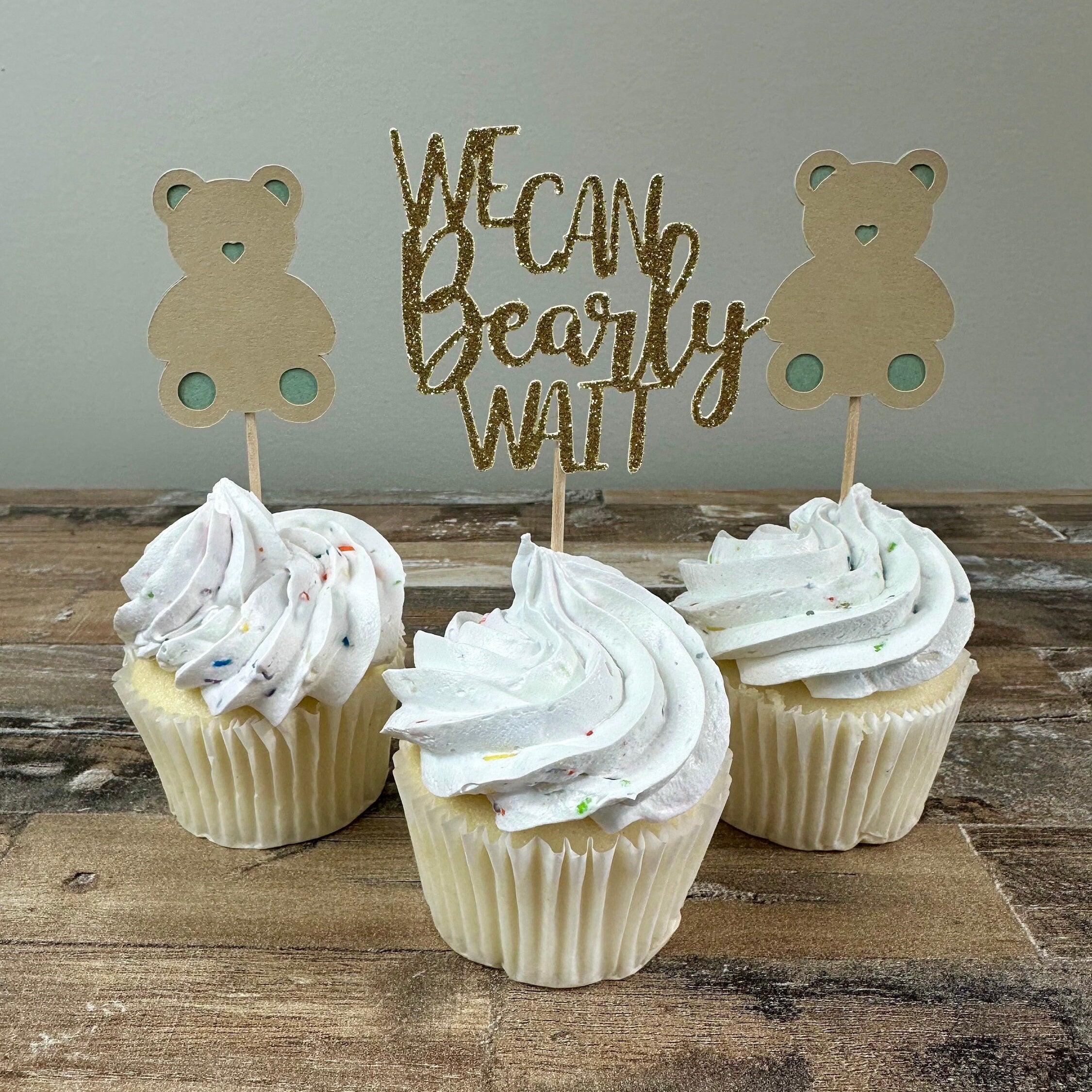 We Can Bearly Wait Cupcake Toppers - 12 pack / Bear Baby Shower Toppers - Sage