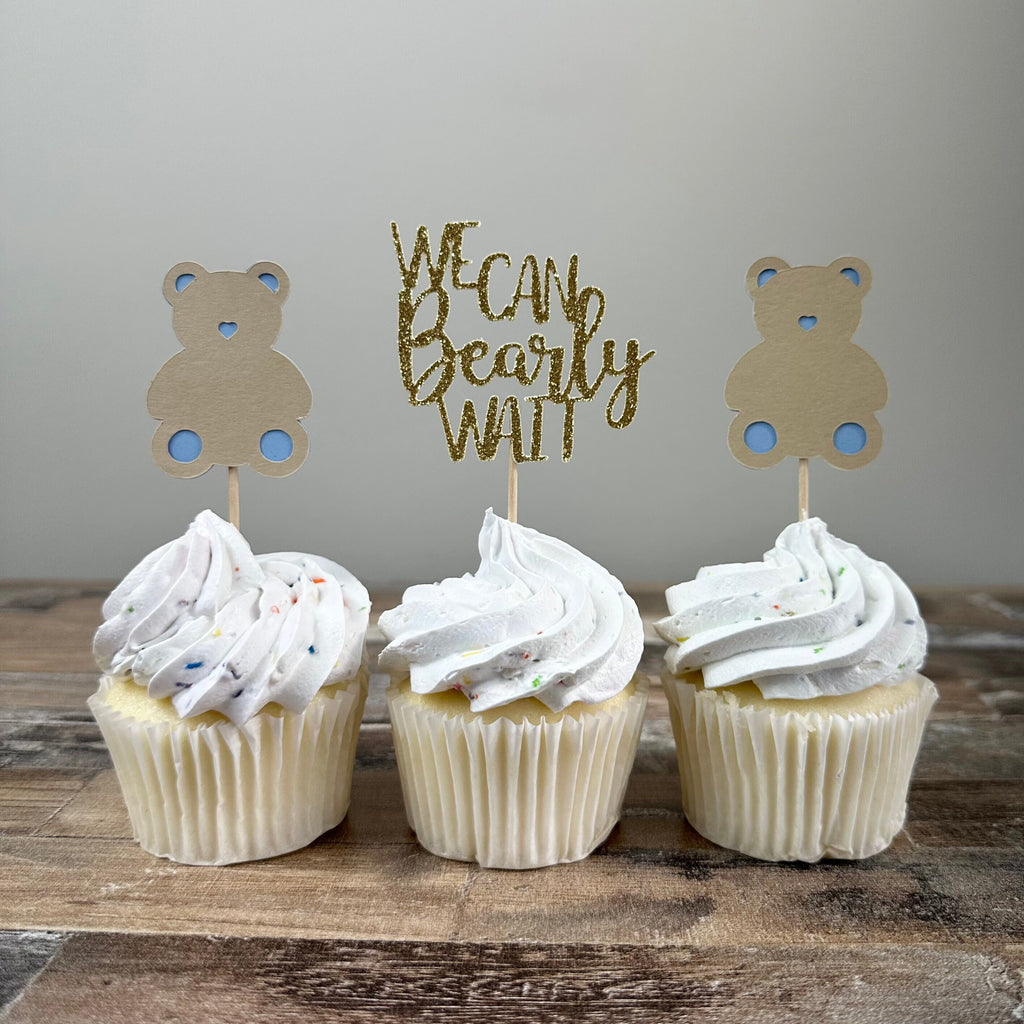 We Can Bearly Wait Cupcake Toppers - 12 pack / Bear Baby Shower Toppers - Blue