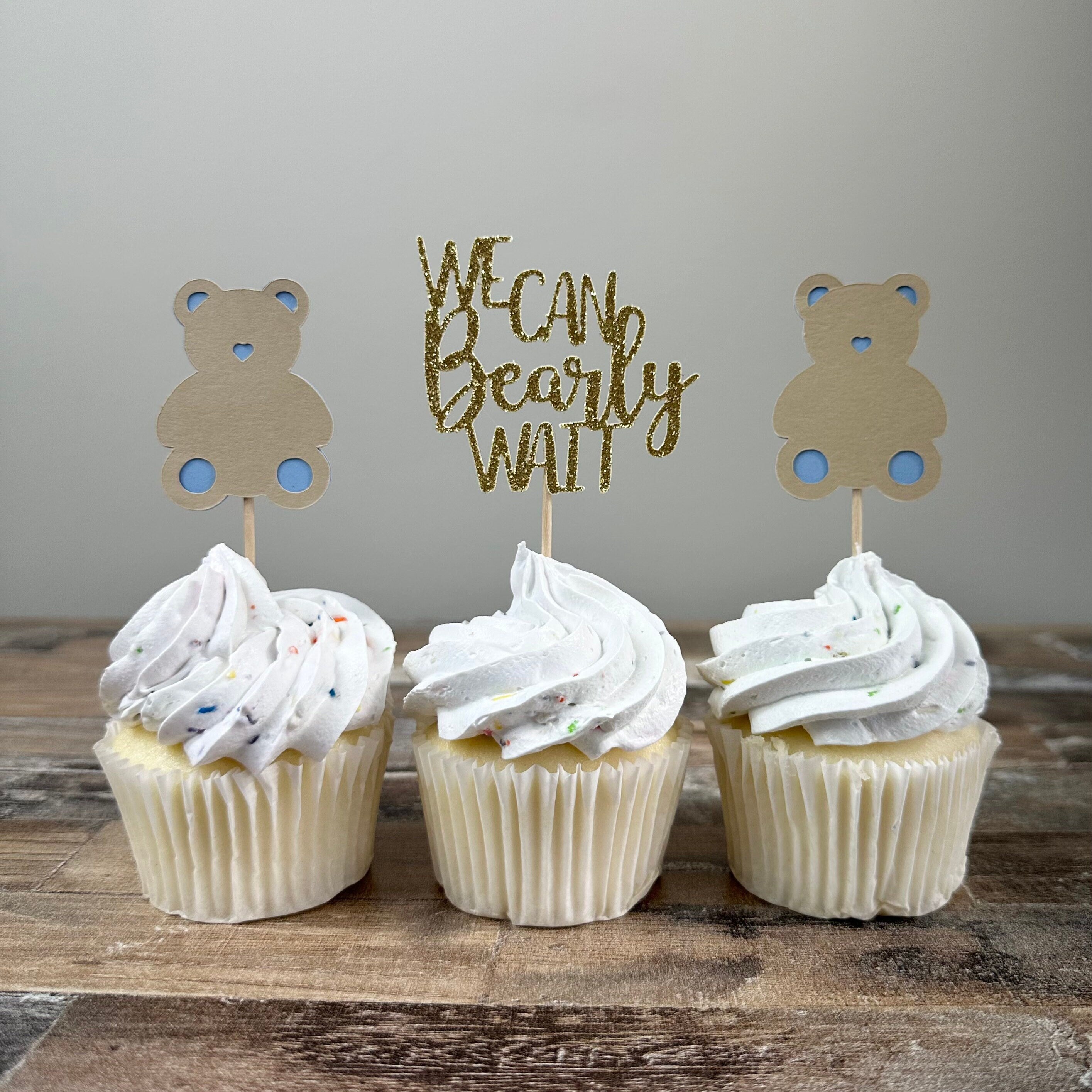 We Can Bearly Wait Cupcake Toppers - 12 pack / Bear Baby Shower Toppers - Blue